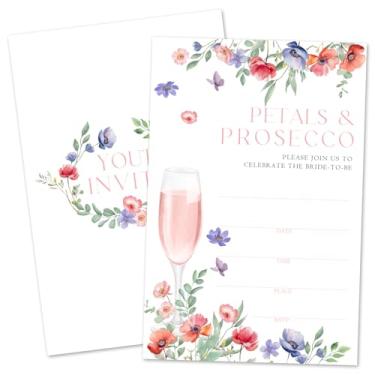 Imagem de ZARYFANCHY Convites de chá de panela de champanhe para novos casais, preencher convites de casamento em branco com envelopes, 25 pétalas e convites de chá de panela Prosecco, lembrancinha de festa de