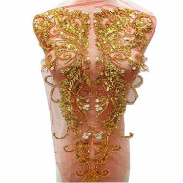 Imagem de Aplique de bordado de lantejoulas douradas de luxo com aplique de casamento remendos de tecido bordado, gola de renda, malha costurada para decoração de vestido faça você mesmo