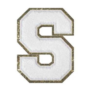 Imagem de 1 PÇ Patch de letra de chenille de ferro branco de 11,4 cm com borda dourada – Remendos do alfabeto para roupas, jaquetas, mochilas, chapéus para decoração personalizada, nome personalizado e