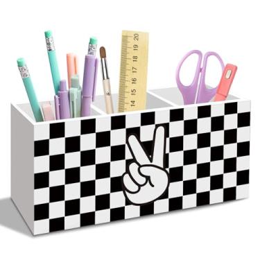Imagem de nvucamd Porta-lápis xadrez preto e branco para decoração de mesa, acessórios de mesa de escritório xadrez Postive, organizador para sala de jogos, sala de aula