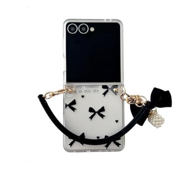 Imagem de GUAYQAT Capa de celular para Samsung Galaxy Z Flip7, linda capa protetora de TPU fashion estilo padrão de laço preto, design para Galaxy Z Flip7 mulheres meninas (com corrente)