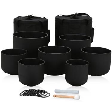 Imagem de Conjunto de 7 tigelas de cristal fosco preto 432 Hz de 15 a 30 cm para meditação, cura, yoga, chakra, quartzo, taças com estojos de transporte resistentes e martelo de borracha, camurça Striker,