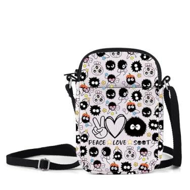 Imagem de MNIGIU Bolsa tiracolo com estampa de fuligem Kawaii, presente de anime, paz, amor, fuligem, ajustável, bolsa de ombro, Sprite Anime