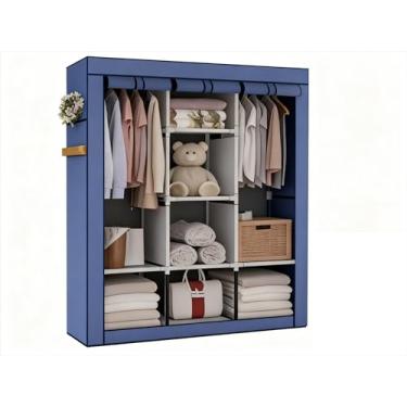 Imagem de Guarda Roupa Dobrável Armário Organizador Multiuso Roupeiro Cabideiro Sapateira- Roupeiro com Capa Protetora para Quarto e Viagem(AZUL,CASAL)