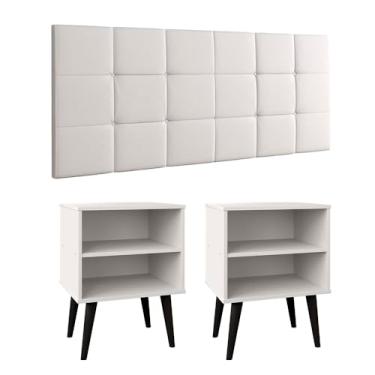 Imagem de Kit 2 Mesinhas Canto Lateral Nicho Decoração Retrô Cabeceira Suspensa Almofadada Painel Cama Box Casal 1,40 Quarto Completo - RPM (Branco Corino | Branco/Preto)