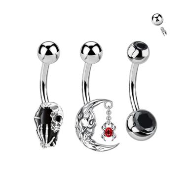 Imagem de ALACLO 3 anéis de umbigo de Halloween 14G 10 mm aço inoxidável 316L roscado internamente no umbigo piercing de umbigo joia de caveira anel de umbigo