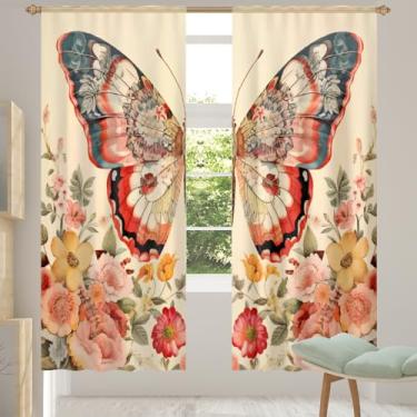 Imagem de 2 conjuntos de painéis de cortinas transparentes de peônia vintage borboleta, cortinas transparentes arejadas com filtro leve, painéis de cortina de porta e janela para sala de estar, quarto, jantar