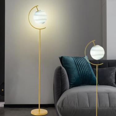 Imagem de Luminária de chão Globe Moon moderna dourada com cúpula de vidro, estilo meados do século XX, com haste alta de metal, ideal para sala de estar, quarto, quarto de menina, cômoda ou escritóri