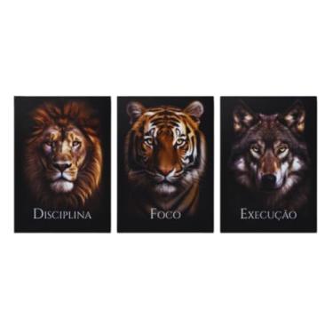 Imagem de Kit 3 Quadros Decorativos MDF Disciplina Execução e Foco Animais Leao, Tigre e lobo
