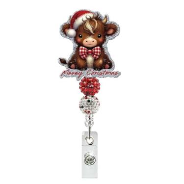 Imagem de Carretel retrátil para crachá de identificação de gado das Terras Altas de Natal com clipe jacaré, chapéu de Papai Noel, carretéis de acrílico para crachá de vaca para enfermeira, enfermagem