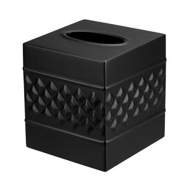 Imagem de Monarch Abode Capa quadrada de caixa de lenços em relevo geométrica feita à mão, suporte de lenço preto para banheiro, acessórios quadrados de cômoda de metal, suporte de caixa de lenços decorativo