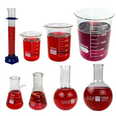 Imagem de Kit 8 Peças Vidraria Para Laboratório | 50 a 2000 mL balões, beckers, erlenmeyer, kitazato e proveta para preparo de soluções em laboratório