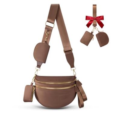 Imagem de Bolsa transversal feminina quadriculada, bolsas de bumbum para mulheres, pochetes para meninas, pequena bolsa de ombro de nylon quadriculada moderna, Marrom, One Size