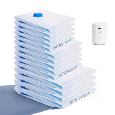 Imagem de Pacote com 14 sacos de vácuo de viagem com bomba sem fio, sacos de compressão portáteis para viagem, sacos de vedação a vácuo economizadores de espaço para roupas, bagagem, travesseiros, edredons