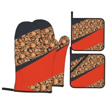Imagem de Tartan Design - Conjunto de luvas de cozinha estampadas com suportes de tampa, luvas de forno resistentes ao calor para manusear panelas quentes, grelhar, churrascos, kit de 4 peças.