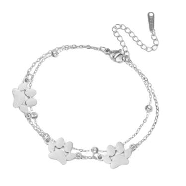 Imagem de Pulseira polida com estampa de pata para mulheres e homens, corrente de elos simples em camadas de aço inoxidável, pingente ajustável, tornozeleira moderna, joias comemorativas, presentes para animais