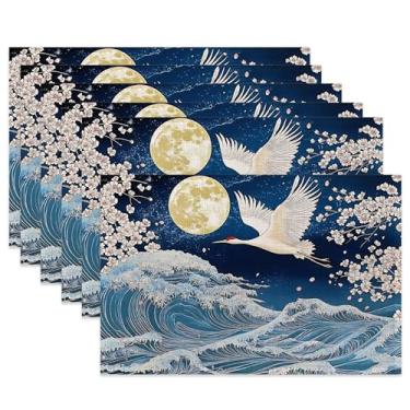 Imagem de Jogo americano de mesa de guindaste japonês, conjunto de 6, jogo americano antiderrapante de tecido de flor de cerejeira azul para sala de jantar, cozinha, festa, férias, tapetes de mesa de pano para
