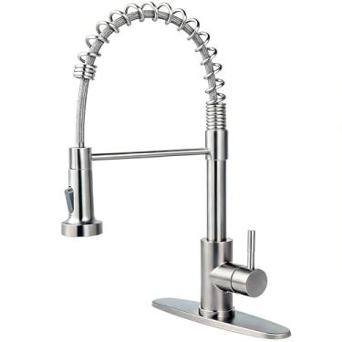 Imagem de Friho Torneira de cozinha com pulverizador de puxar para baixo, aço inoxidável, níquel escovado, 1 manípulo, torneiras de pia de mola, torneiras de cozinha de 1 ou 3 furos para fazenda utilitário