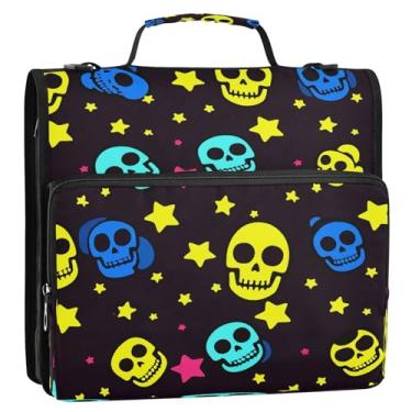 Imagem de Wassud Fichário de desenho animado com caveiras e estrelas com zíper com 3 anéis com alça de ombro e alça Trapper Keeper, organizador de pasta de arquivos expansível, vários bolsos