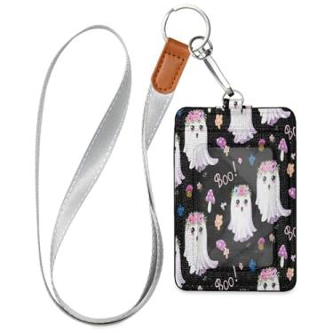 Imagem de Wassud Porta-crachá de couro PU fantasmas com coroas de flores com cordão, porta-cartão de identificação para trabalho, cordão de pescoço com compartimentos para cartões de crédito, funcionários