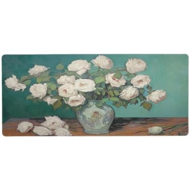 Imagem de Wassud White Roses Mouse Pad Gaming com base de borracha antiderrapante, mouse pad longo com borda costurada, impermeável grande mesa pad para escritório, casa, 89,9 cm x 39,9 cm