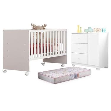 Imagem de Berço Nacional Doce Sonho 3540 e Cômoda Infantil Duda Branco Brilho com Colchão Gazin - Phoenix Baby
