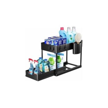Imagem de Organizador Multiuso 2 Níveis com Bandeja Corrediça, Metal com Pintura Eletrostática, Preto, 40x35x22 cm, para Banheiro e Cozinha