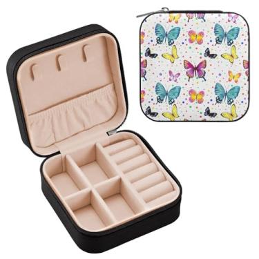 Imagem de YETTASBIN Caixa de joias de borboletas para adolescentes, meninas, mulheres, presente de aniversário, Natal, caixa de armazenamento portátil de couro PU, mini estojo de joias de viagem para colar