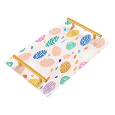 Imagem de CEBUGI Ovos de Páscoa coloridos de acrílico decorativo bandeja de mesa de centro bandeja otomana com almofada antiderrapante bandeja de servir com alças douradas para banheiro, sala de estar, 20 x 30