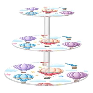 Imagem de CEBUGI Suporte de cupcake de 3 camadas, lindos balões de ar quente, suporte de bolo, torre, bandeja de servir em camadas de acrílico para chá, chá de bebê, casamento e mais