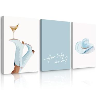 Imagem de Arte de parede de vaqueira ocidental azul claro em tela de caubói decoração de parede de botas de vaqueira costeira pôster com imagem de martini estética retrô estampa de cowboy ocidental para