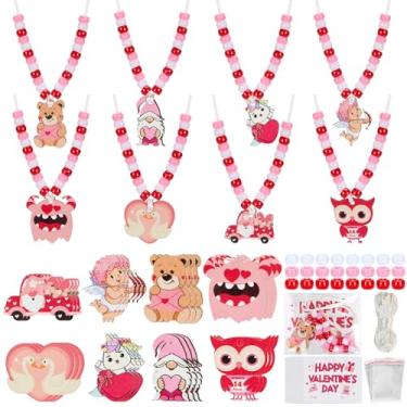 Imagem de Conjunto de 24 colares e pulseiras para o Dia dos Namorados – Miçangas de pônei vermelhas e rosa a granel com lindos pingentes de madeira, colares de contas faça você mesmo para lembrancinhas de festa