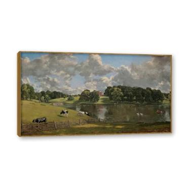 Imagem de Moldura de teca. Arte em tela romantismo estilo constável, (sem título 70), pintura de paisagem inglesa emoldurada, decoração de parede elegante para sala de estar escritório. 30 x 54 cm - 11,8 x 21,2