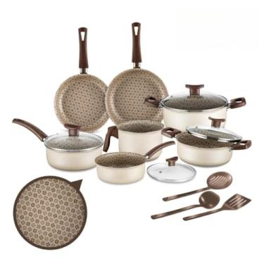 Imagem de Jogo De Panelas Antiaderente 10 Peças Prime Alumínio Teflon (Bege)