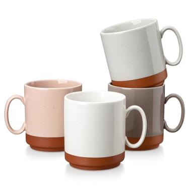 Imagem de MALACASA Conjunto de 4 canecas de café com leite grande de cerâmica, 473 ml, para micro-ondas, xícaras de café de porcelana com alça grande - grés seguro para micro-ondas, branco cáqui e multicolorido