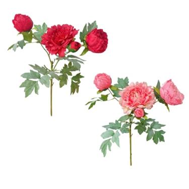 Imagem de CWPJUNDGP Flores artificiais de peônia realista, buquê de peônia luxuoso de seda/plástico com 4 cabeças (62 cm), pacote com 2/4 cores mistas (vermelho/rosa/laranja) para decoração de vaso de sala de