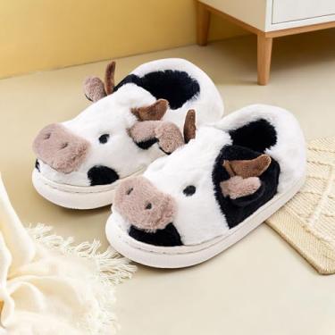 Imagem de Chinelos de vaca felpudos para crianças fofas de vaca fofa, chinelos de casa, crianças, meninas, meninos, desenhos animados, sapatos de casa para uso interno e externo, Preto, 12-13 Little Kid