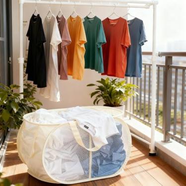 Imagem de Cesto de roupa suja dobrável com 2 compartimentos, cesta grande de malha dobrável de 75 L para lavanderia, fácil de transportar e separar para dormitório, casa, quarto de crianças, viagens