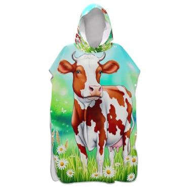 Imagem de Capa de toalha de banho com capuz de secagem rápida com estampa de vaca para adultos e crianças roupão macio absorvente trocador poncho de praia, tamanho único
