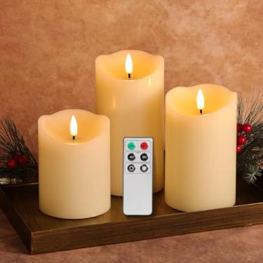 Imagem de Girimax Velas de pilar LED sem chama, piscando, realistas, operadas por bateria, 3 peças D 7,6 cm A 10,2 cm 12,7 cm 15,2 cm, cor marfim