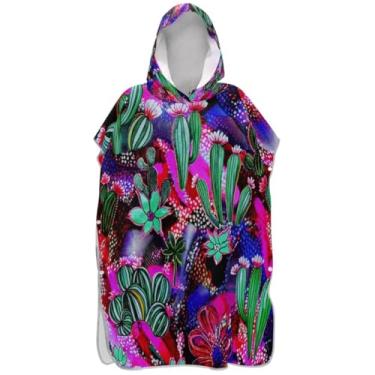 Imagem de Joisal Poncho de surfe para adultos trocador de roupa de praia com capuz toalha de banho plantas absorventes cacto flores roxo homens mulheres poncho com capuz