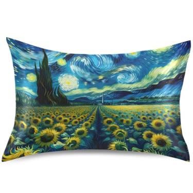 Imagem de Girassóis Noite Estrelada Azul Cetim Capas de Travesseiro Design Padrão Queen King Size Travesseiros Estética, Tamanho Padrão, 66 cm x 50 cm