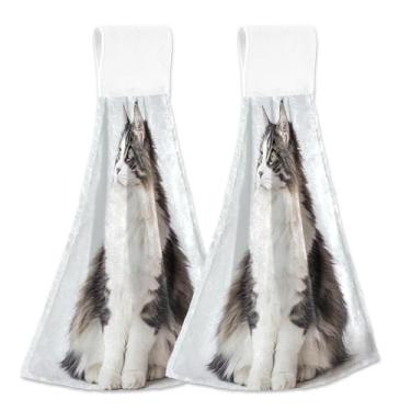 Imagem de Cute Maine Coon Cat Toalhas de mão personalizadas de outono com laço de pendurar toalha de gravata de forno macio absorvente fofo decorações de cozinha conjunto de 2, 18,2 x 14 polegadas