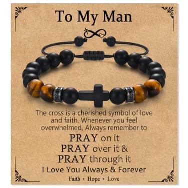 Imagem de PODLEV Pulseira de cruz para homens e meninos, pulseira de contas de cruz cristã de Natal Páscoa recheios de joias de batismo presentes para homem, ele, filho, neto, sobrinho, irmão, padrinho