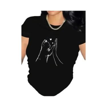 Imagem de Camiseta Feminina Confortável Com Estampa De Coração E Pata De Gato, M