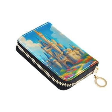 Imagem de Carteira feminina com protetor de cartão de crédito com bloqueio de RFID, pequeno couro com zíper, porta-cartões e dinheiro, castelo de conto de fadas, torres azuis