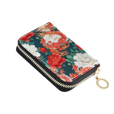 Imagem de Carteira feminina de dragão chinês vermelho peônias brancas com zíper em torno de porta-cartões de crédito com bloqueio de RFID pequeno zíper para cartão e porta-dinheiro