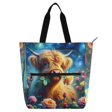 Imagem de GAIGEO Rose Highland Bolsa de trabalho floral de vaca bezerro para mulheres, sacola de lona para escola de praia, presente para amantes de livros