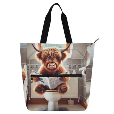 Imagem de Sacolas femininas engraçadas Highland Cow Calf para trabalho de lona com zíper bolsa de praia bolsas médias para amantes de livros presentes