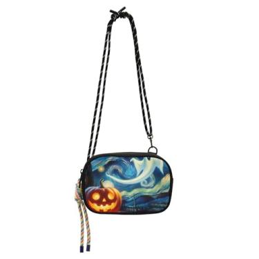 Imagem de TSENQUE Bolsa feminina pequena de abóbora e noite estrelada de Halloween, bolsa transversal, carteira para celular, bolsa de cinto, bolsas de ombro